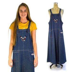Disney Maxi Denim Overalls Dress Mickey & Minnie Mouse Vintage 90s. Size L